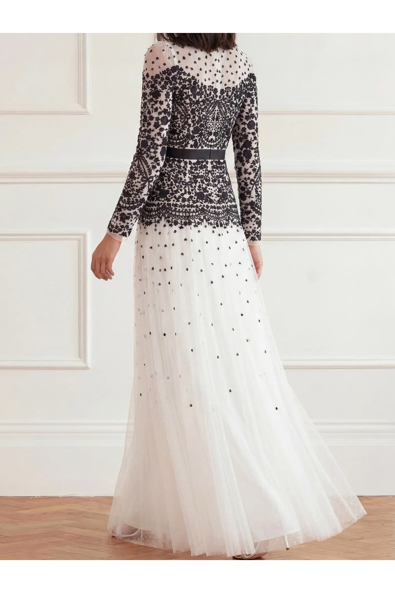 Gilded Lace Long Sleeve Maxi Gown, Alternate, color, Chalk/Graphite
