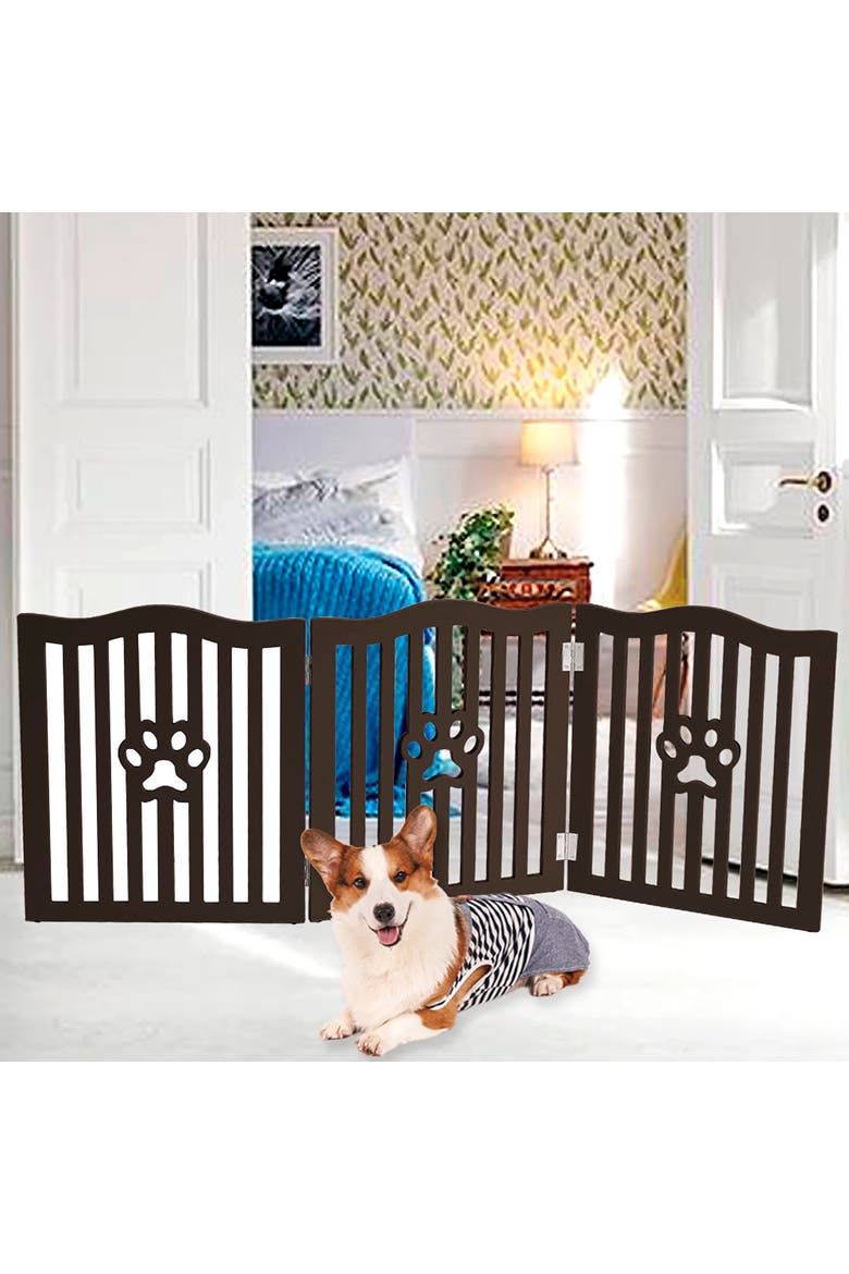 Wooden Free Standing Pet Gate for Small Dogs and Cats, Alternate, color, Brown