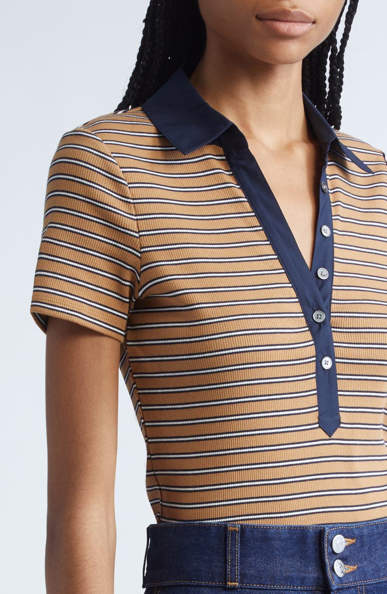 Veronica Beard Kearney Stripe Stretch Cotton Rib Polo, Alternate, color, Brown Multi