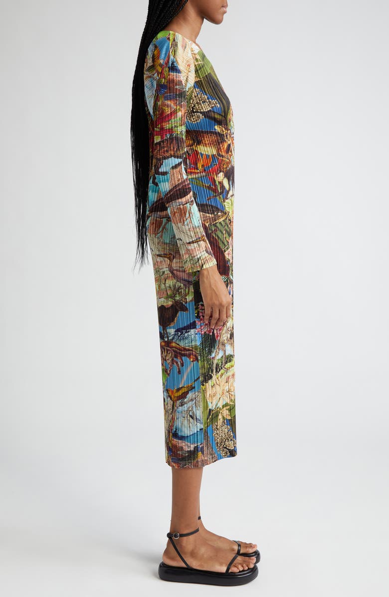 Pleats Please Issey Miyake Auroro Jungle Print Pleated Long Sleeve Midi Dress, Alternate, color, 