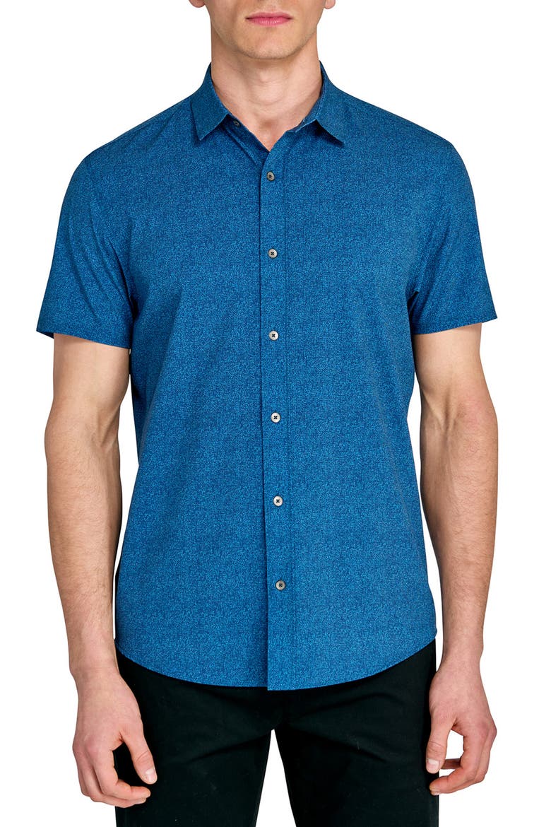 Trim Fit Short Sleeve Performance Button-Up Shirt, Main, color, BLUE