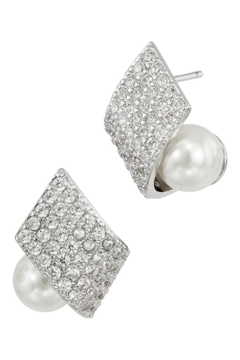 Pavé Cubic Zirconia & Faux Pearl Stud Earrings, Main, color, WHITE GOLD