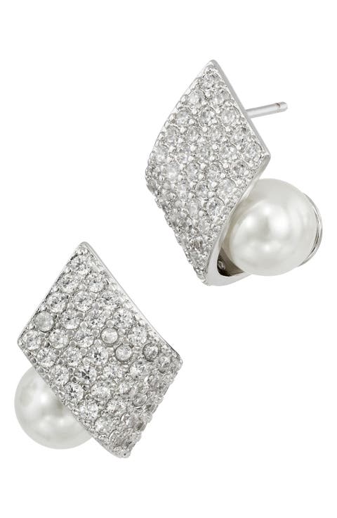 Pavé Cubic Zirconia & Faux Pearl Stud Earrings