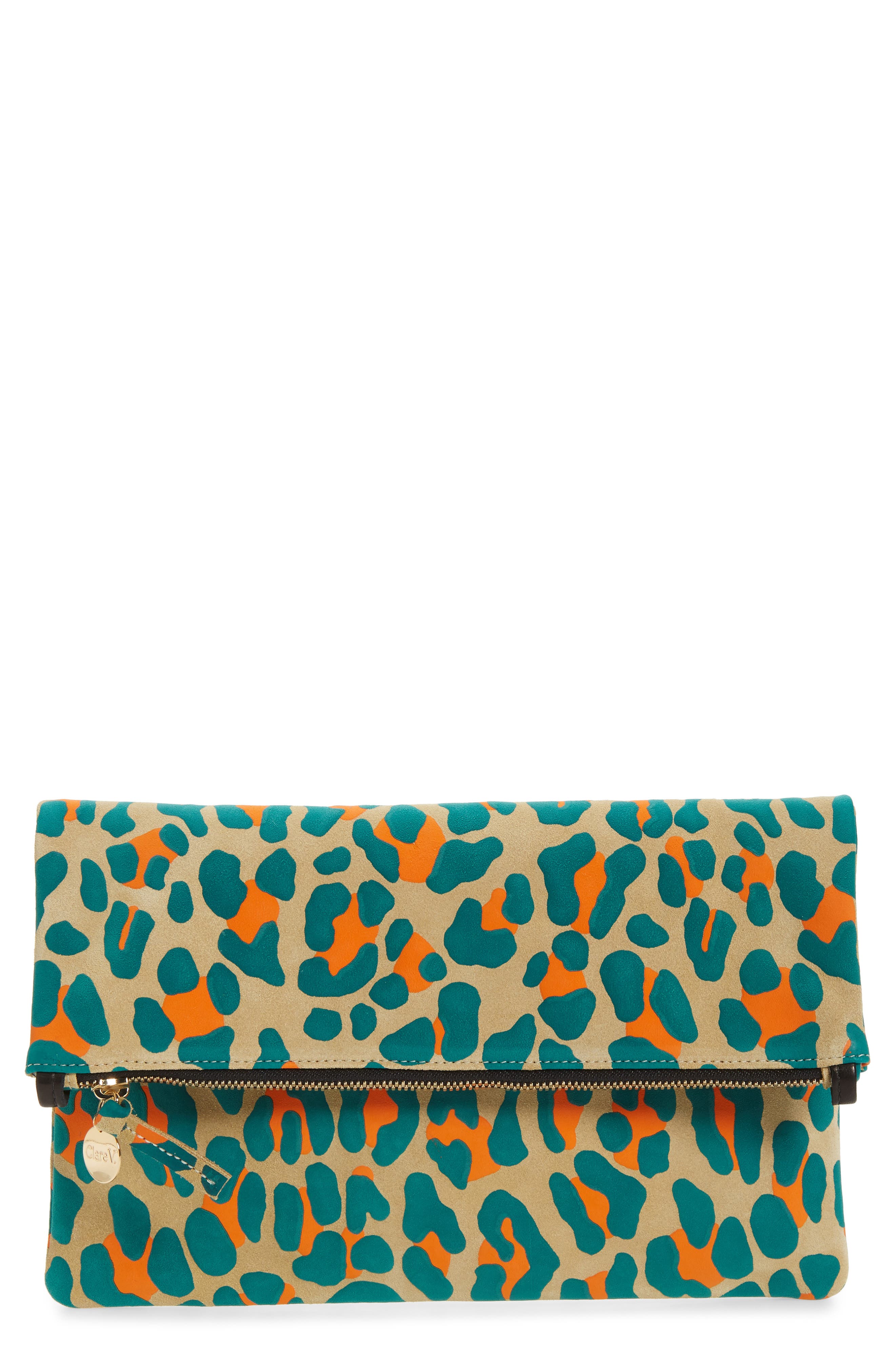 Clare V. Leopard Print Suede Foldover Clutch, Main, color, 
