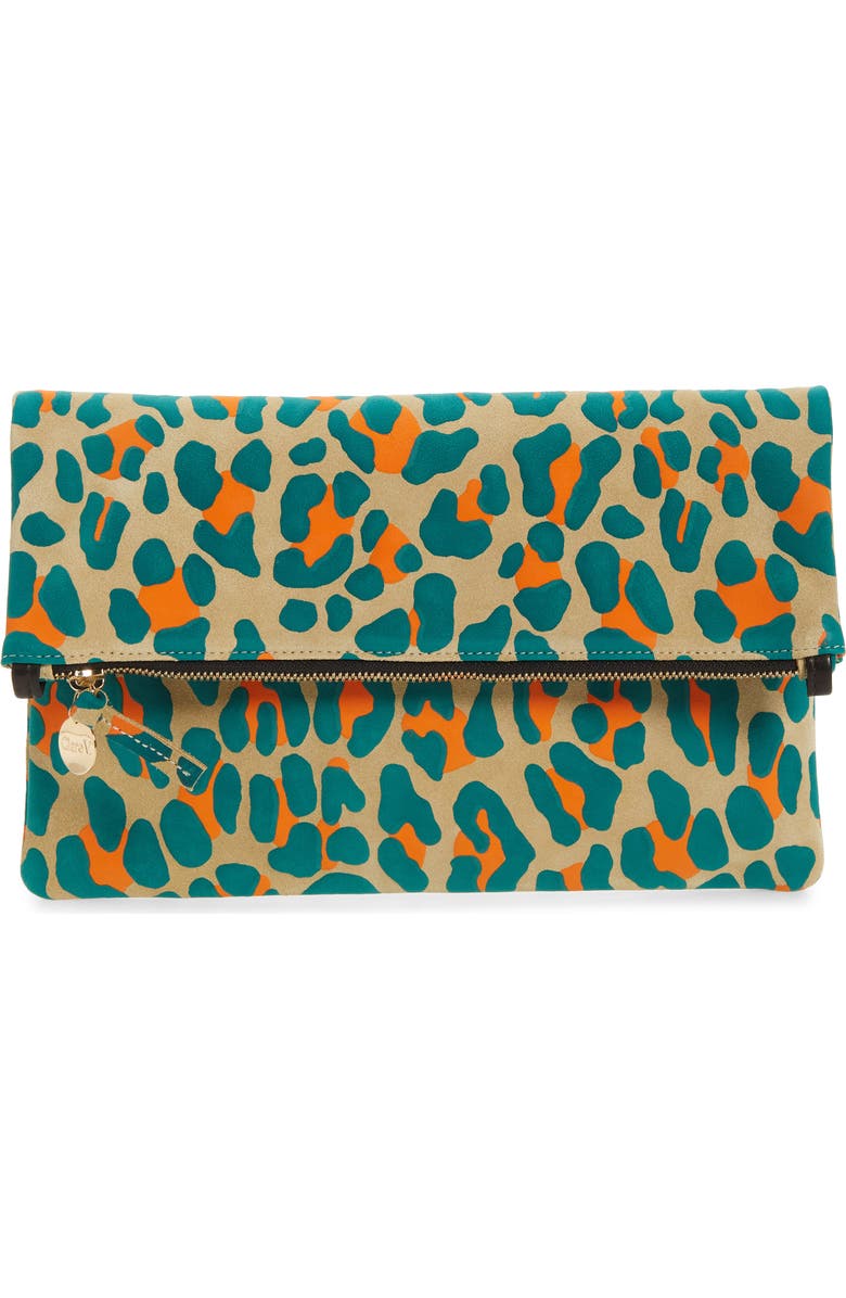 Clare V. Leopard Print Suede Foldover Clutch, Main, color,