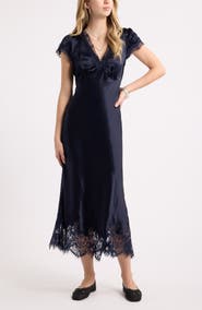 Treasure & Bond Lace Trim Satin Midi Dress