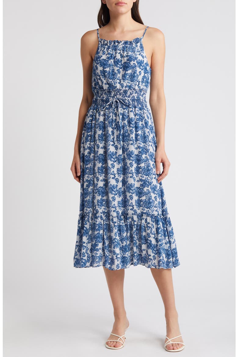 Magdalene Floral Smocked Waist Sundress, Main, color, CHAMBRAY FLORAL