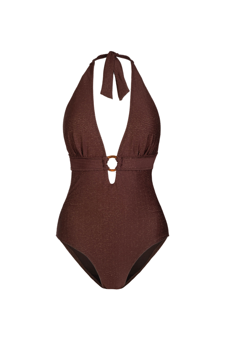 Change of Scenery Gabrielle Ring Halter One-Piece Swimsuit, Main, color, Cacao/Gold Metallic