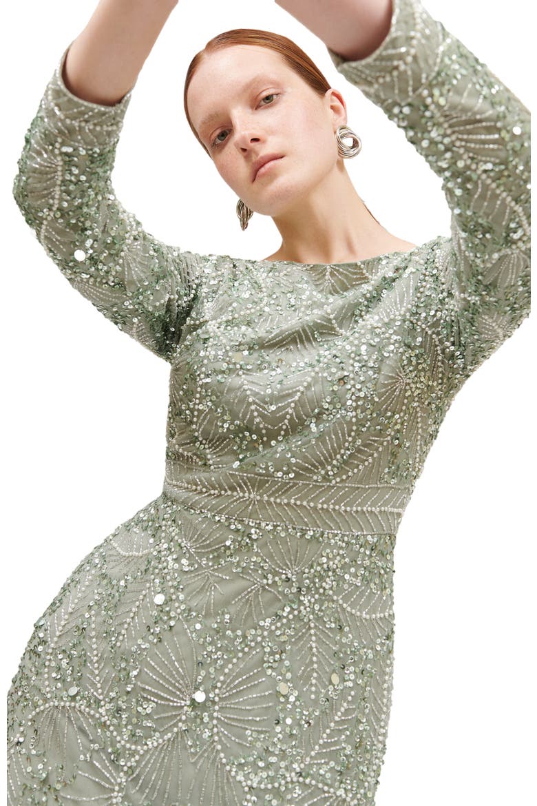 Occasion Modest Embellished Sequin Beaded A Line Evening Gown, Alternate, color, SAGE GREEN