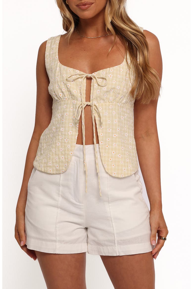 Capra Floral Gingham Tie Front Tank, Main, color, YELLOW GINGHAM