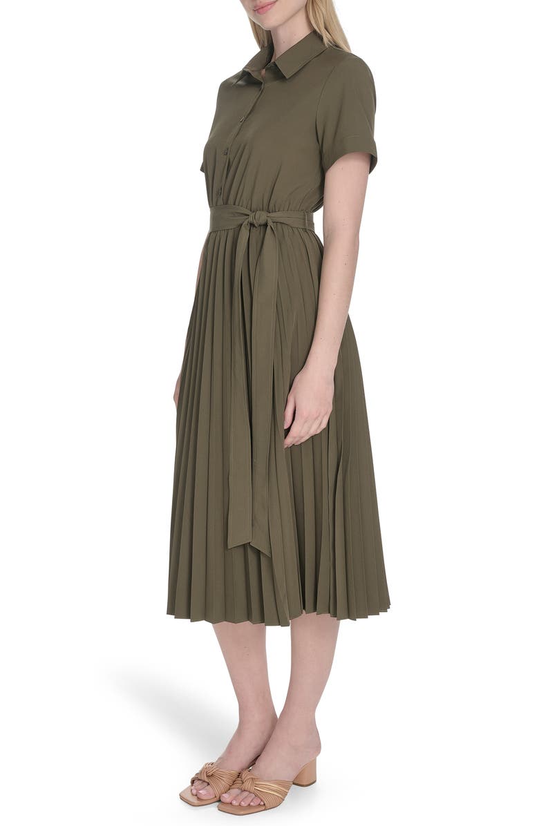 Calvin Klein Short Sleeve Pleated Shirtdress, Alternate, color, Caper