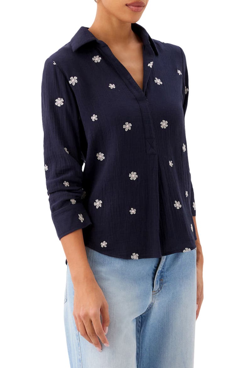 Embroidered Ruched Sleeve Cotton Gauze Shirt, Alternate, color, NAVY