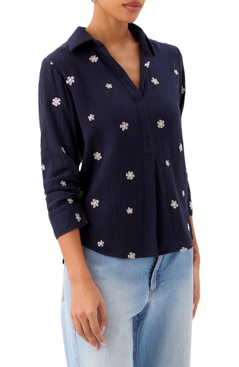 Karen Kane Embroidered Ruched Sleeve Cotton Gauze Shirt, Alternate, color, Navy