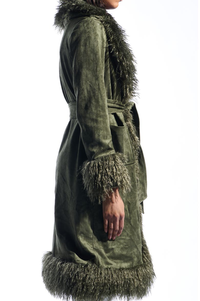 Belted Faux Suede Coat with Faux Fur Trim, Alternate, color, OLIVE