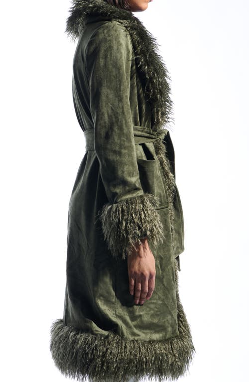 Azalea Wang Belted Faux Suede Coat With Faux Fur Trim In Green