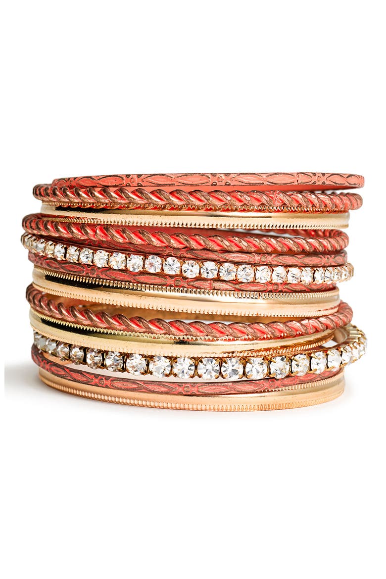 Accessories Crystal & Patina Finish Metal Bangles, Main, color, CORAL/ GOLD