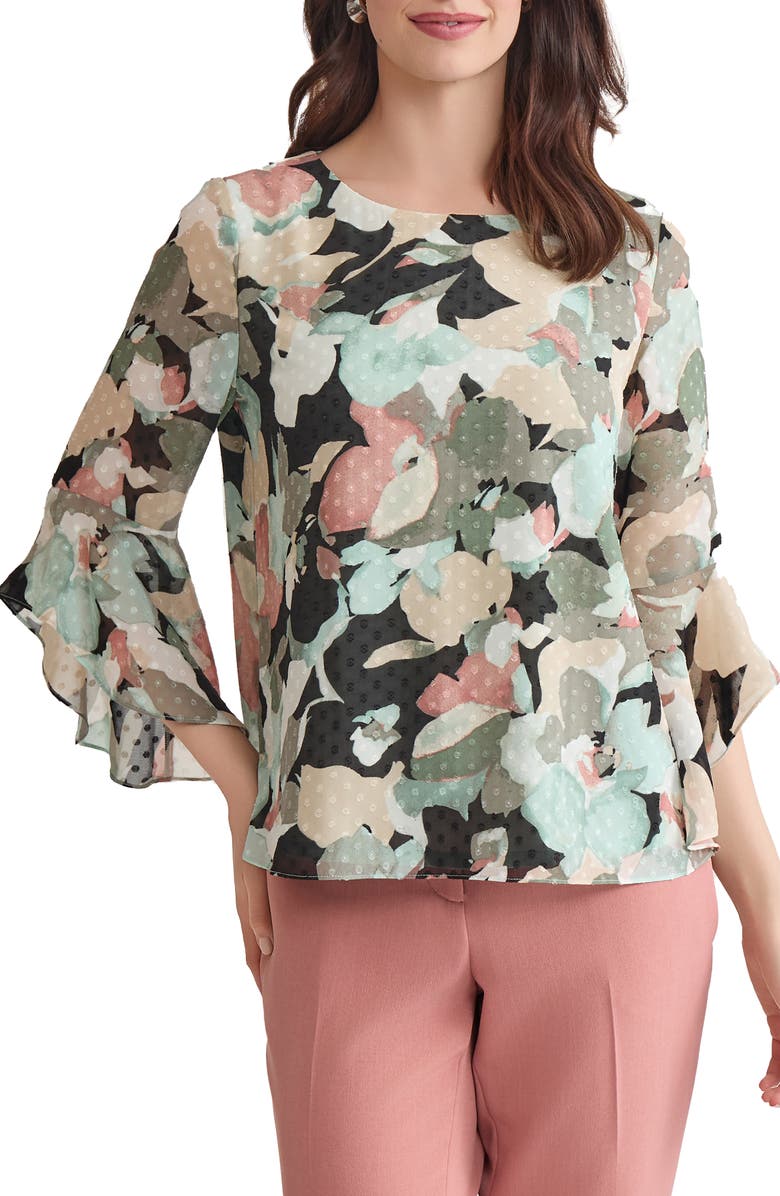 KASPER Clip Dot Ruffle Sleeve Top, Main, color, 