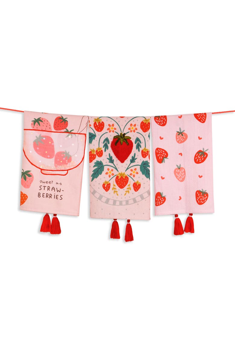 Tiramisu Strawberry Fields Forever Set of 3 Kitchen Towels, Main, color, Pink/ Red