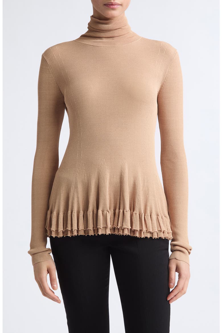 Meritt Ruffle Hem Rib Turtleneck Sweater, Main, color, TAN