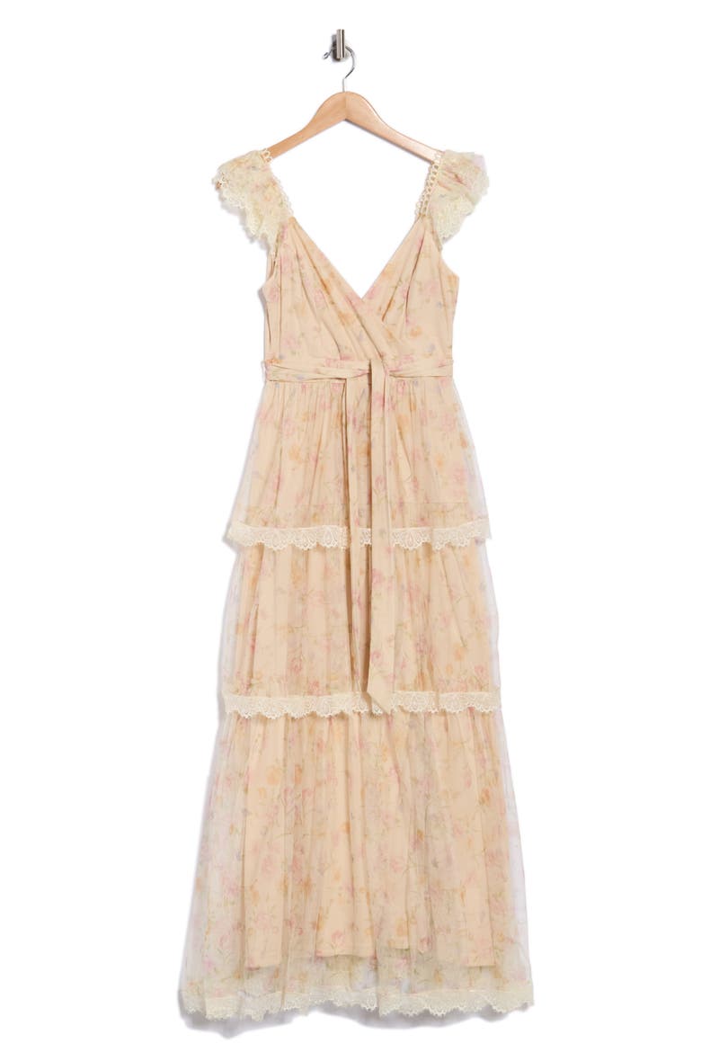 Lucia Cap Sleeve Lace Tiered Maxi Dress, Alternate, color, TAUPE FLORAL