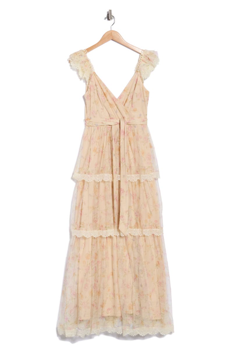 Lulus Lucia Cap Sleeve Lace Tiered Maxi Dress, Alternate, color, Taupe Floral