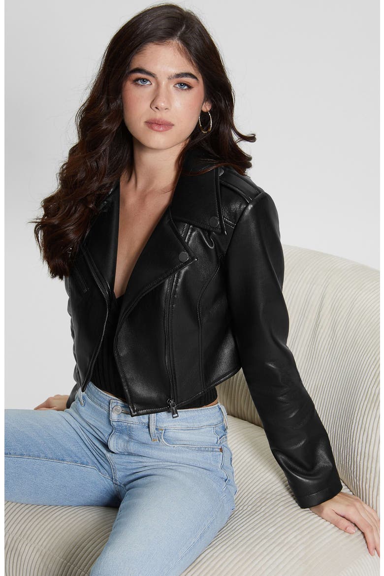 Rochelle Faux Leather Crop Moto Jacket, Alternate, color, JET BLACK