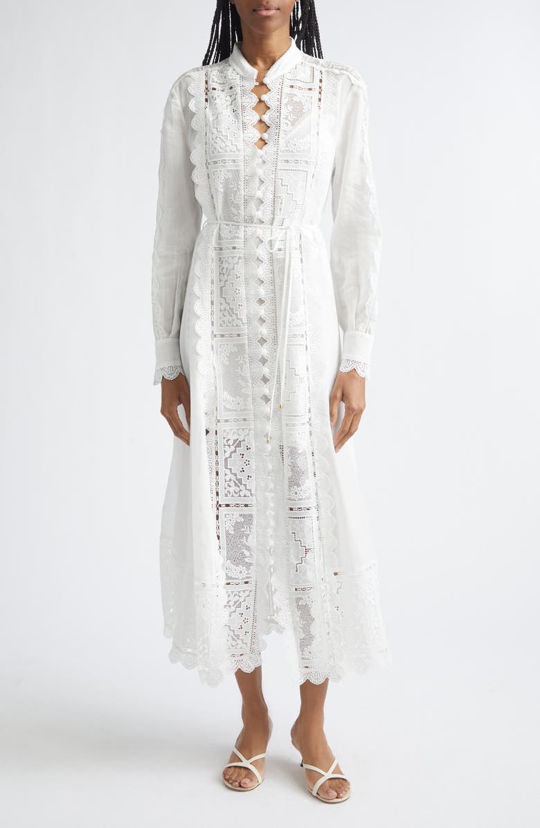 Zimmermann Aster Embroidered Lace Trim Long Sleeve Midi Dress, Main, color, Ivory