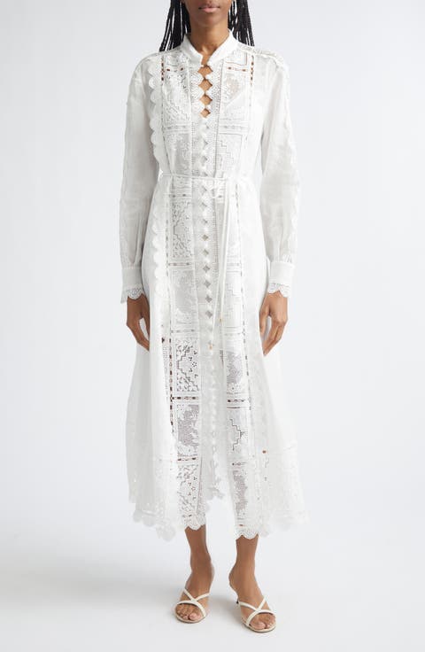 Aster Embroidered Lace Trim Long Sleeve Midi Dress