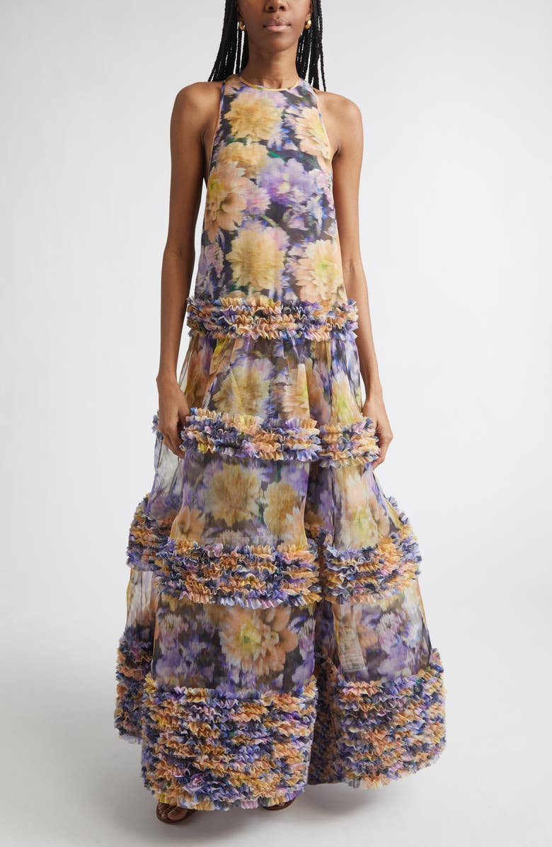 Zimmermann Luna Ruffle Silk Organza Maxi Dress, Main, color, Violet Dahlia