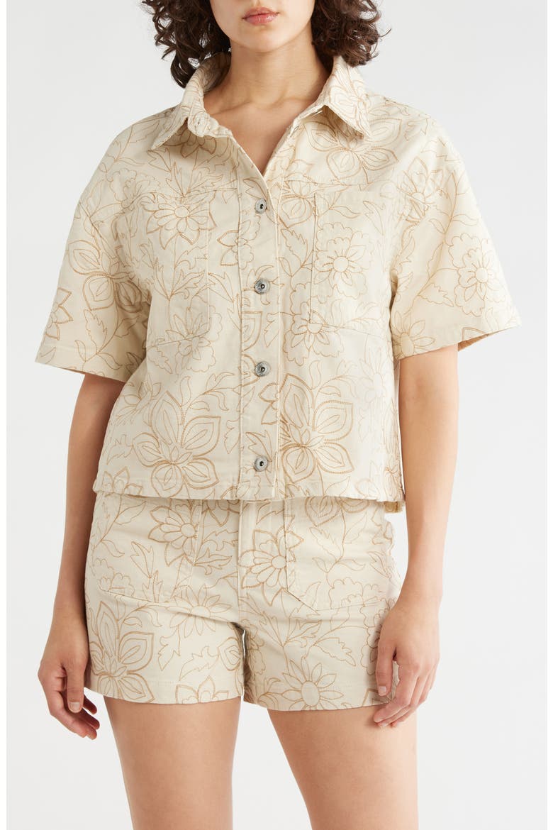 Slow Rider Floral Embroidered Short Sleeve Shacket, Main, color, NEW NATURAL WHITE