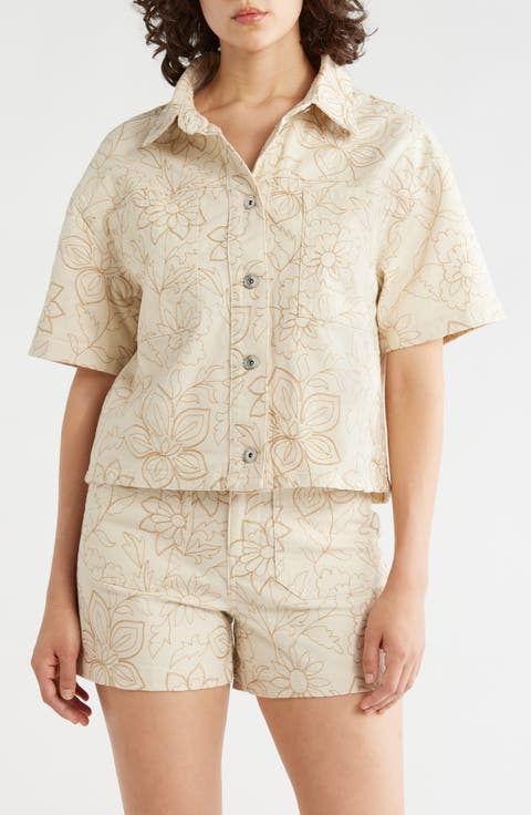 Slow Rider Floral Embroidered Short Sleeve Shacket