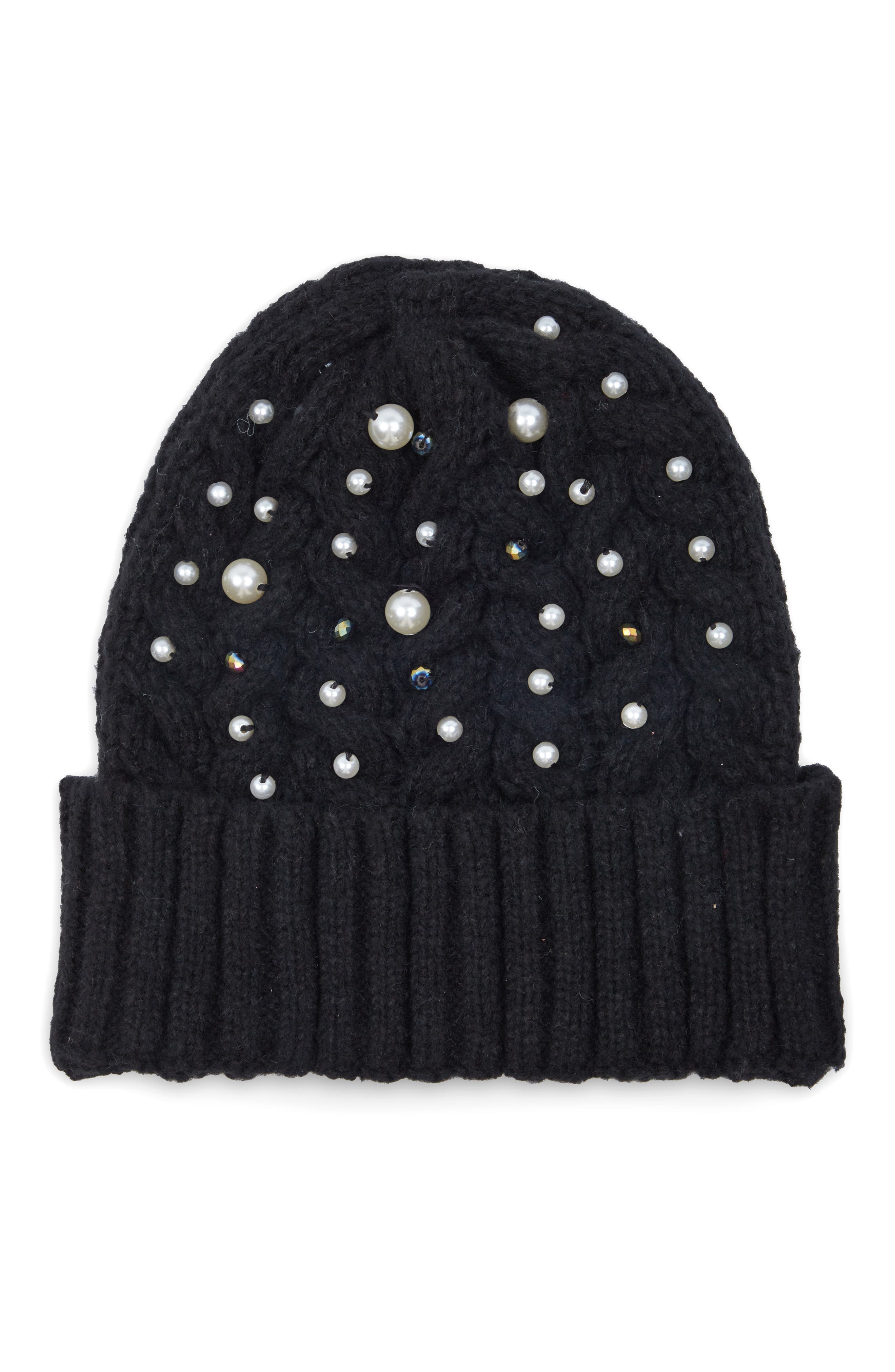 SAACHI Faux Pearl Embellished Cable Knit Beanie