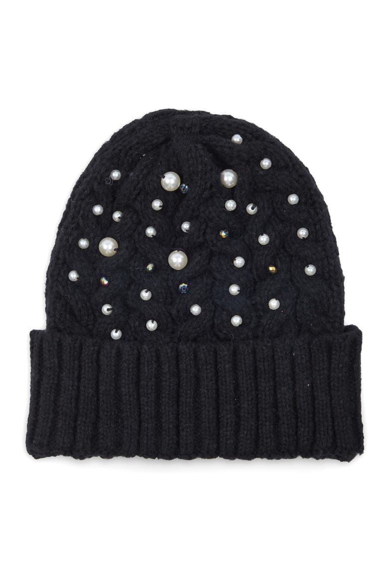 Faux Pearl Embellished Cable Knit Beanie, Main, color, BLACK