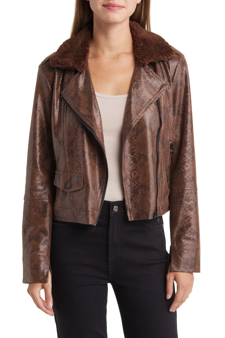 Liana Faux Shearling Collar Faux Snakeskin Moto Jacket, Main, color, COCOA POWDER SNAKE