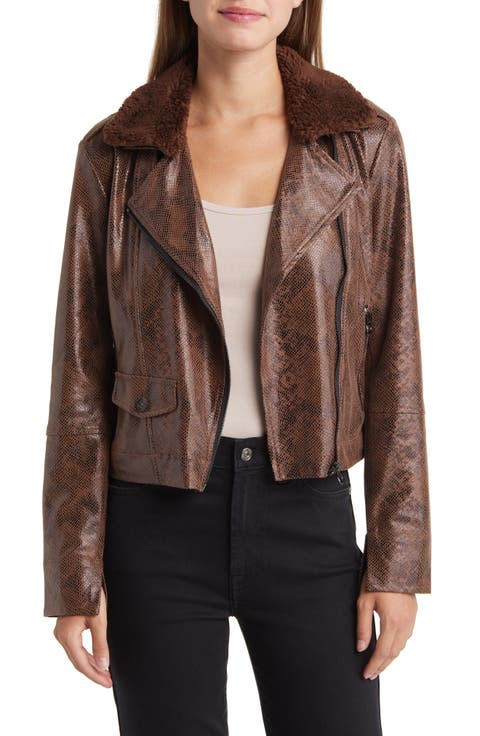 Liana Faux Shearling Collar Faux Snakeskin Moto Jacket
