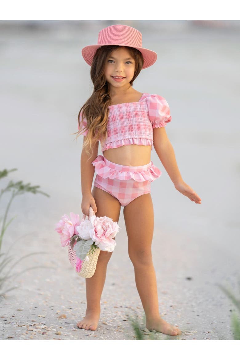 Girls Perfect Pink Gingham Puff Sleeve Two Piece Swimsuit, Alternate, color, Pink