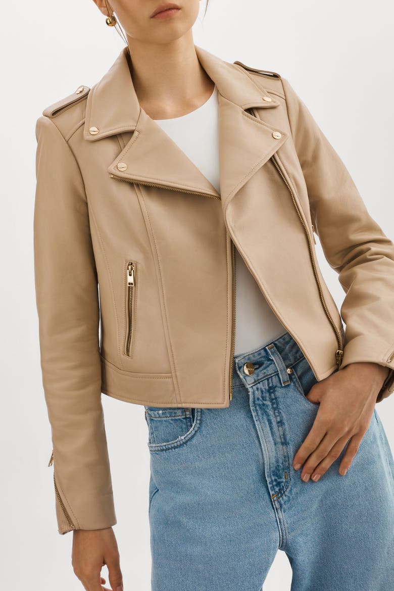 DONNA GOLD | Iconic Leather Biker Jacket, Alternate, color, Wheat