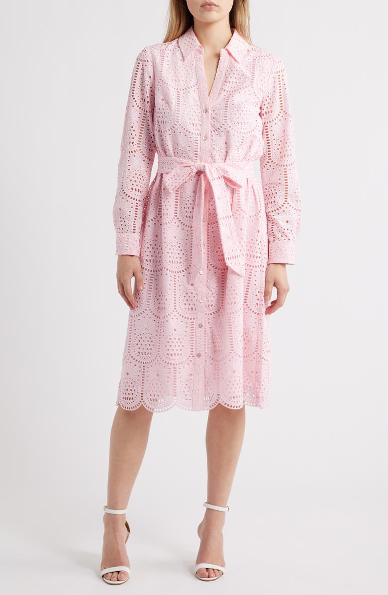 Lilly Pulitzer<sup>®</sup> Eira Eyelet Tie Waist Long Sleeve Maxi Shirtdress, Main, color, 