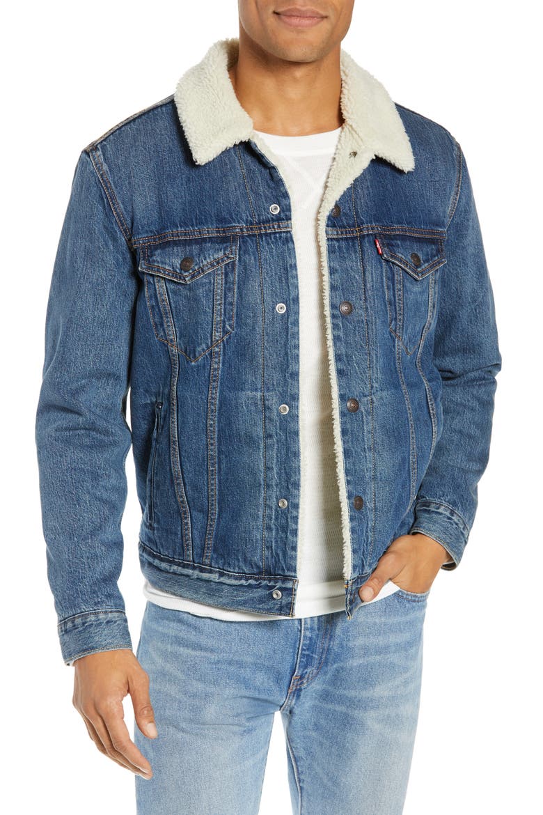 Levi's® Faux Shearling Trim Denim Trucker Jacket, Main, color, MAYZE