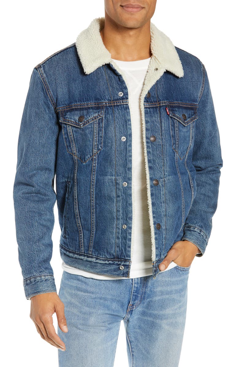 Levi's<sup>®</sup> Faux Shearling Trim Denim Trucker Jacket, Main, color,