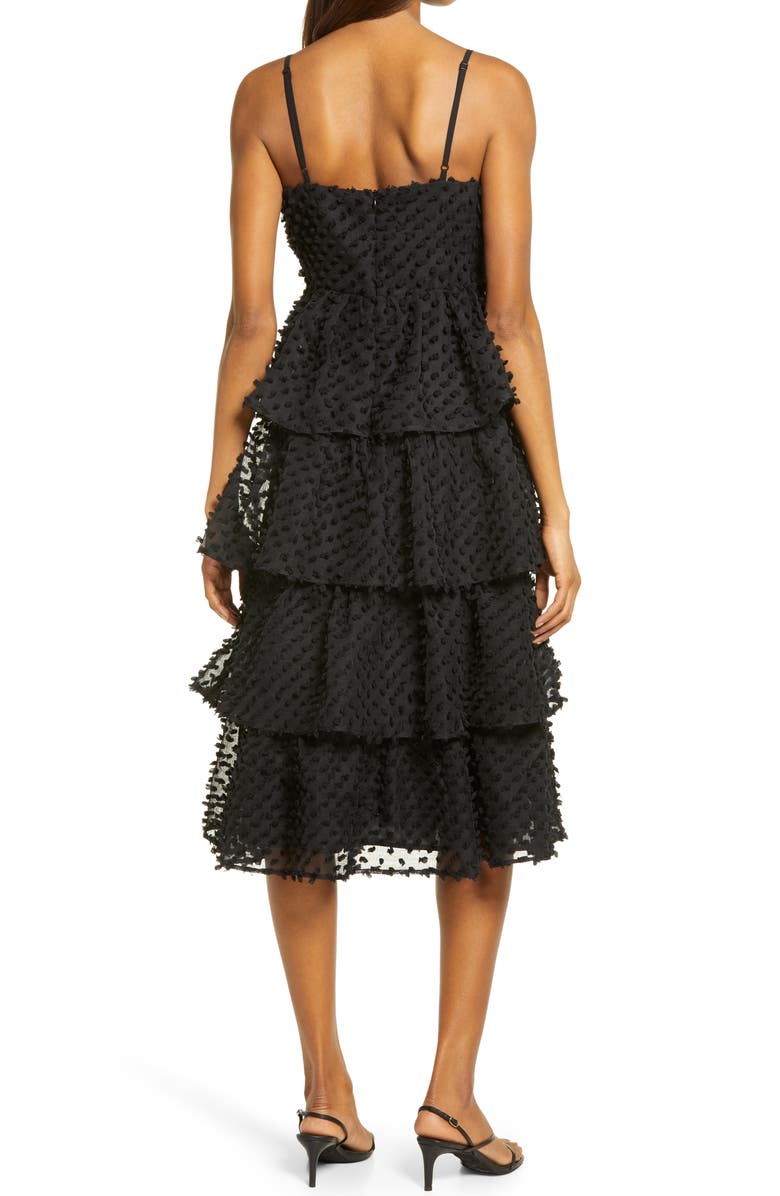 Lulus Flirting with You Pompom Tiered Ruffle Cotton Blend Dress, Alternate, color,