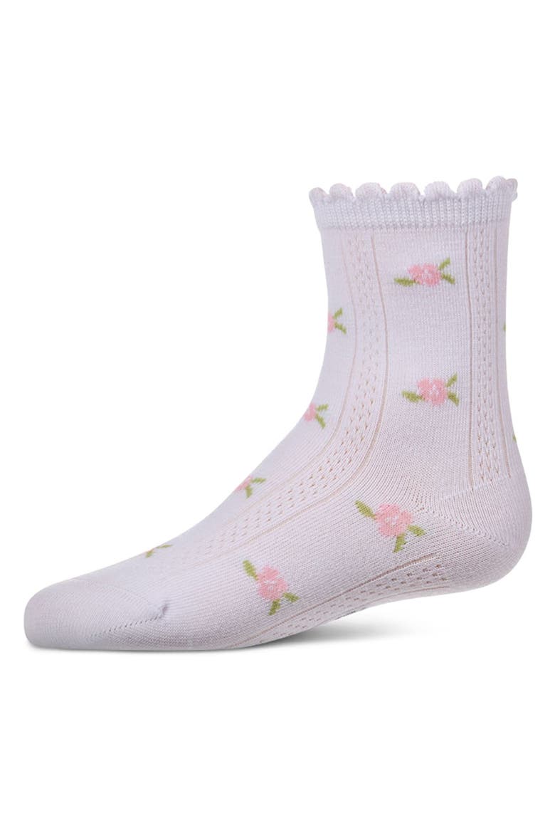 Scallop-Trim Crew Sock with Mini-Floral Pattern, Main, color, White