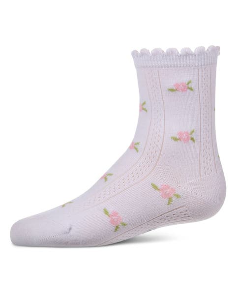 Scallop-Trim Crew Sock with Mini-Floral Pattern