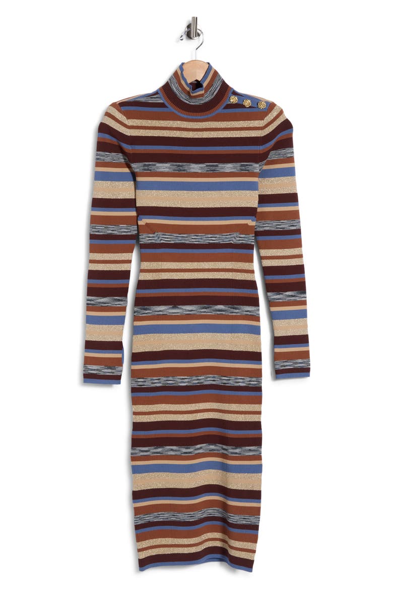 Larelle Striped Metallic Long Sleeve Dress, Alternate, color, STONE BLUE/ BROWN MULTI