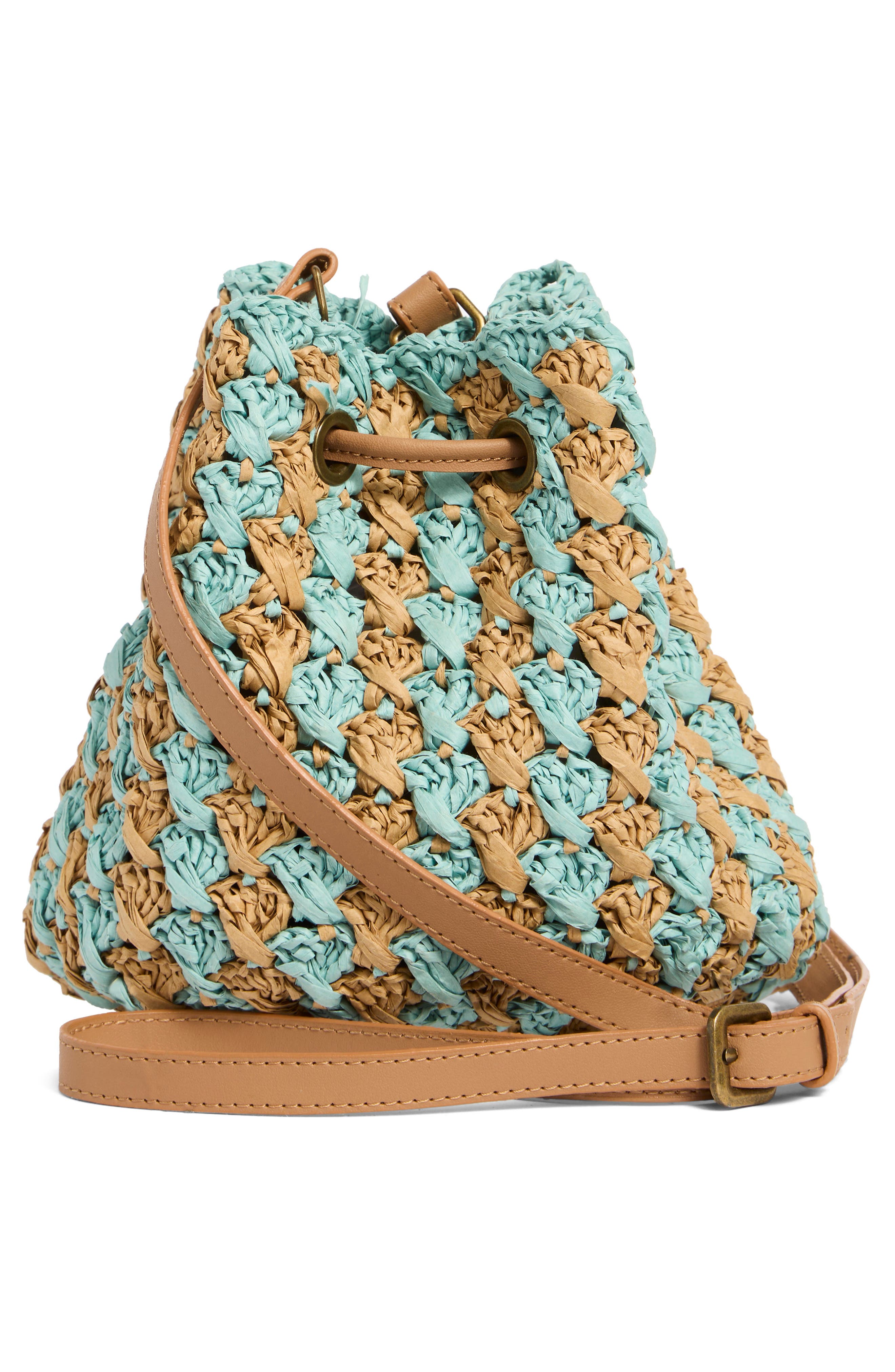 Collection XIIX Two-Tone Crochet Drawstring Bucket Bag, Alternate, color, Blue Multi