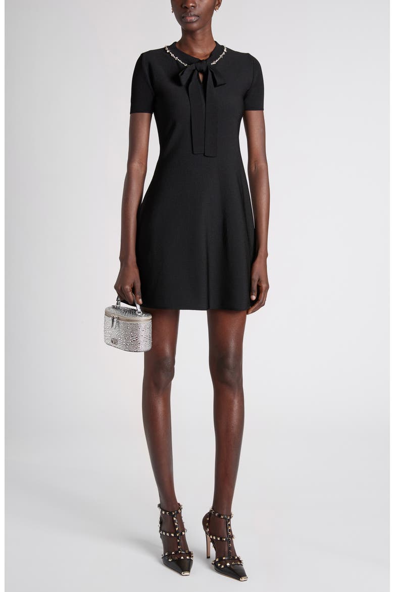Rhinestone Embellished Fit & Flare Mini Sweater Dress, Alternate, color, BLACK