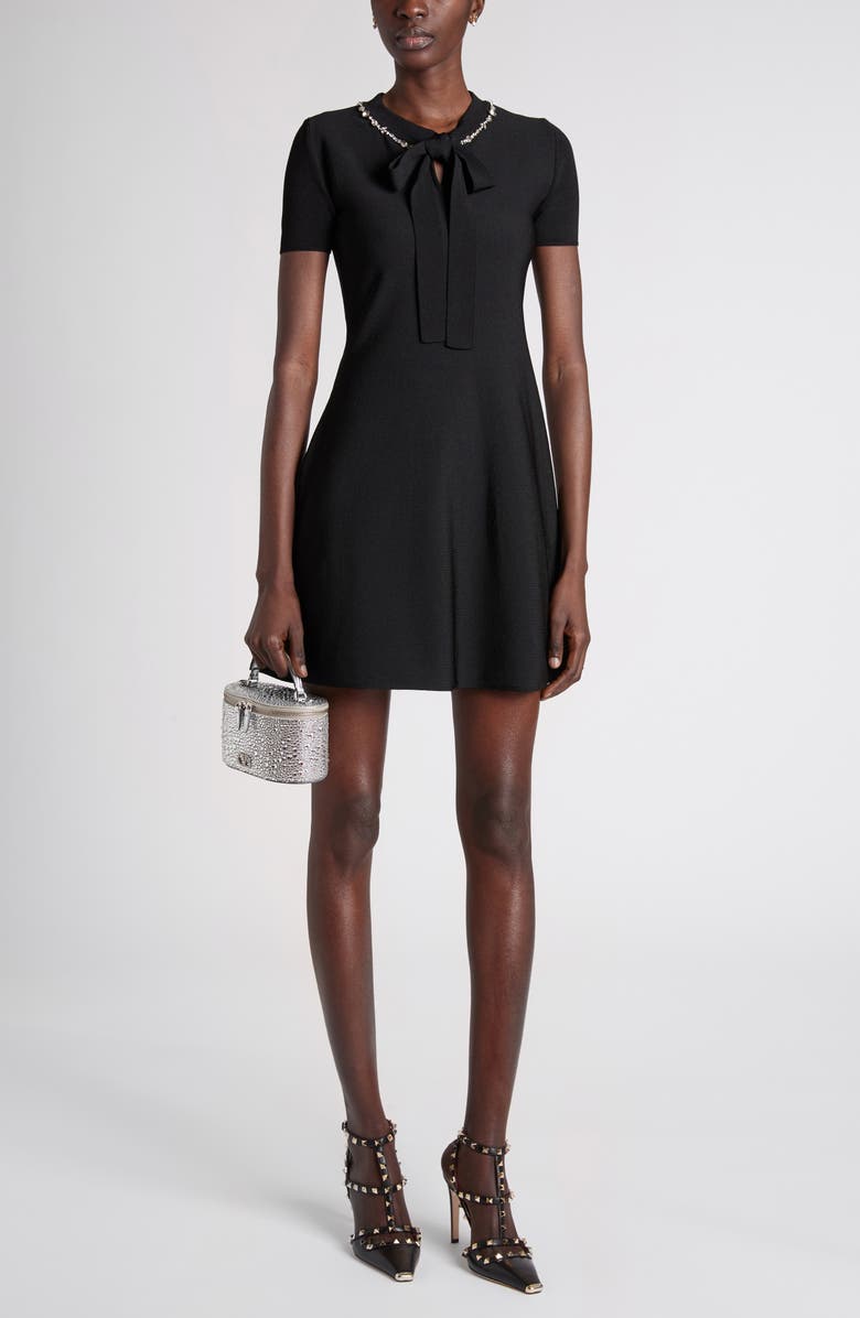 Valentino Garavani Rhinestone Embellished Fit & Flare Mini Sweater Dress, Alternate, color, Black