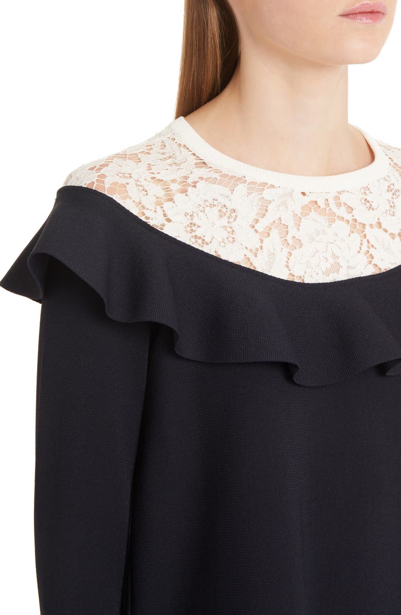 Valentino Lace & Ruffle Knit Dress, Alternate, color, 