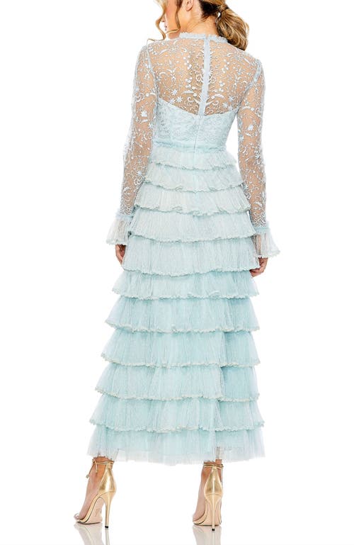 Mac Duggal Embroidered Long Sleeve Ruffled Tiered Dress In Seafoam