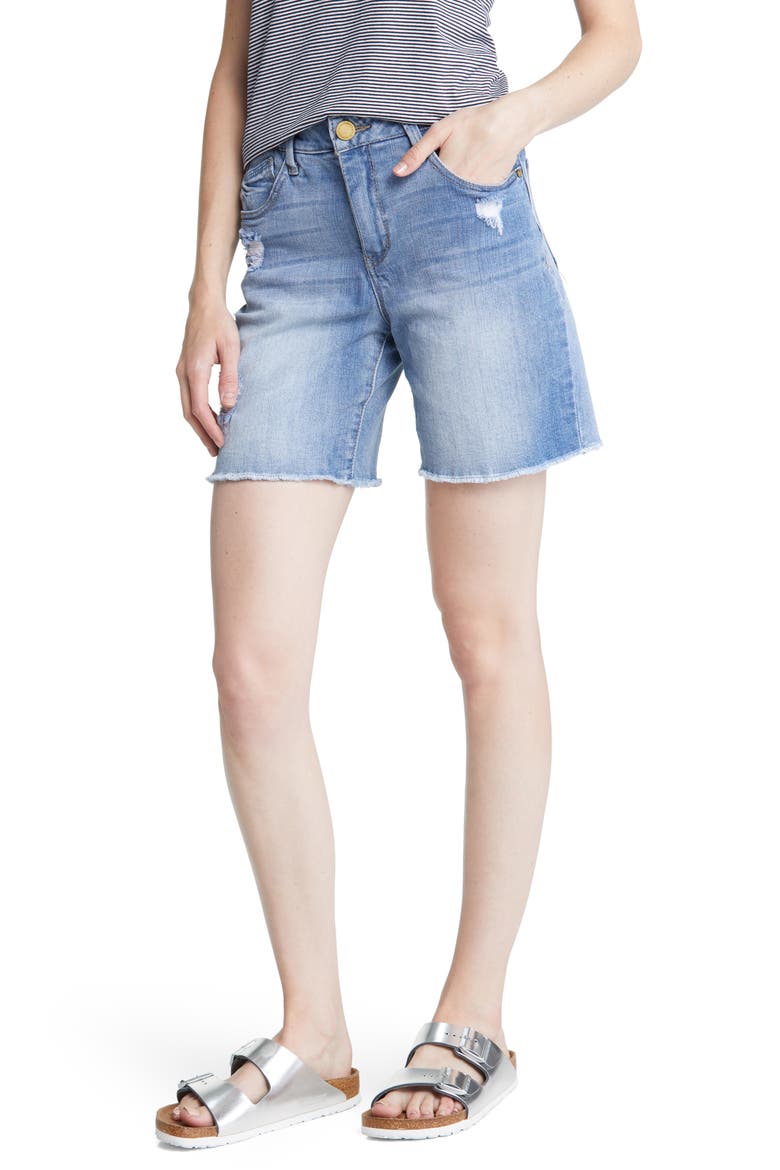 Frayed High Waist Denim Shorts, Main, color, LIGHT BLUE VINTAGE